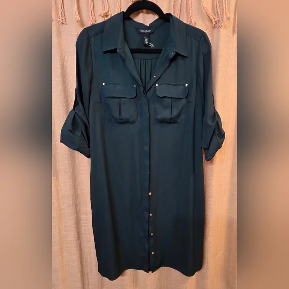 White House Black Market Dark Green Button-Up Shirt Dress - Picture 2 of 5